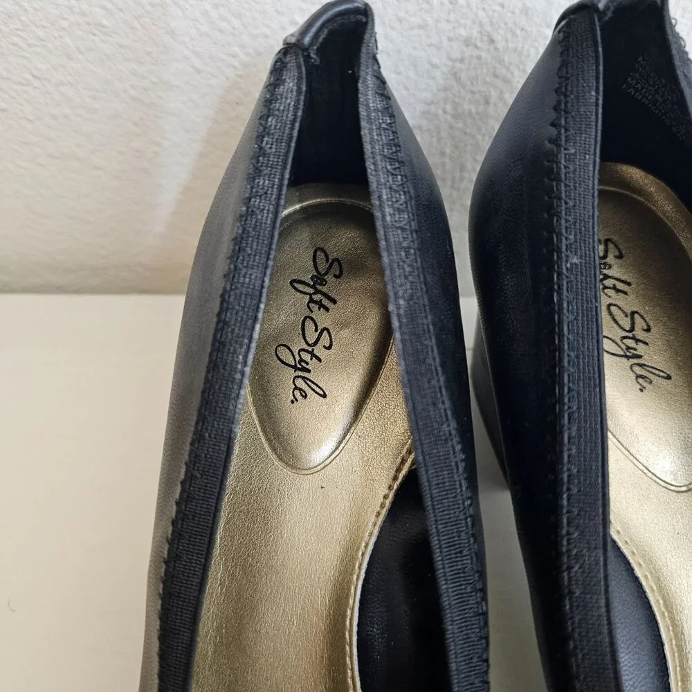 Soft Style Womens Sz 8.5 Black Faux Leather Pump Patent Toe Cap Comfort Shoes - Picture 6 of 10